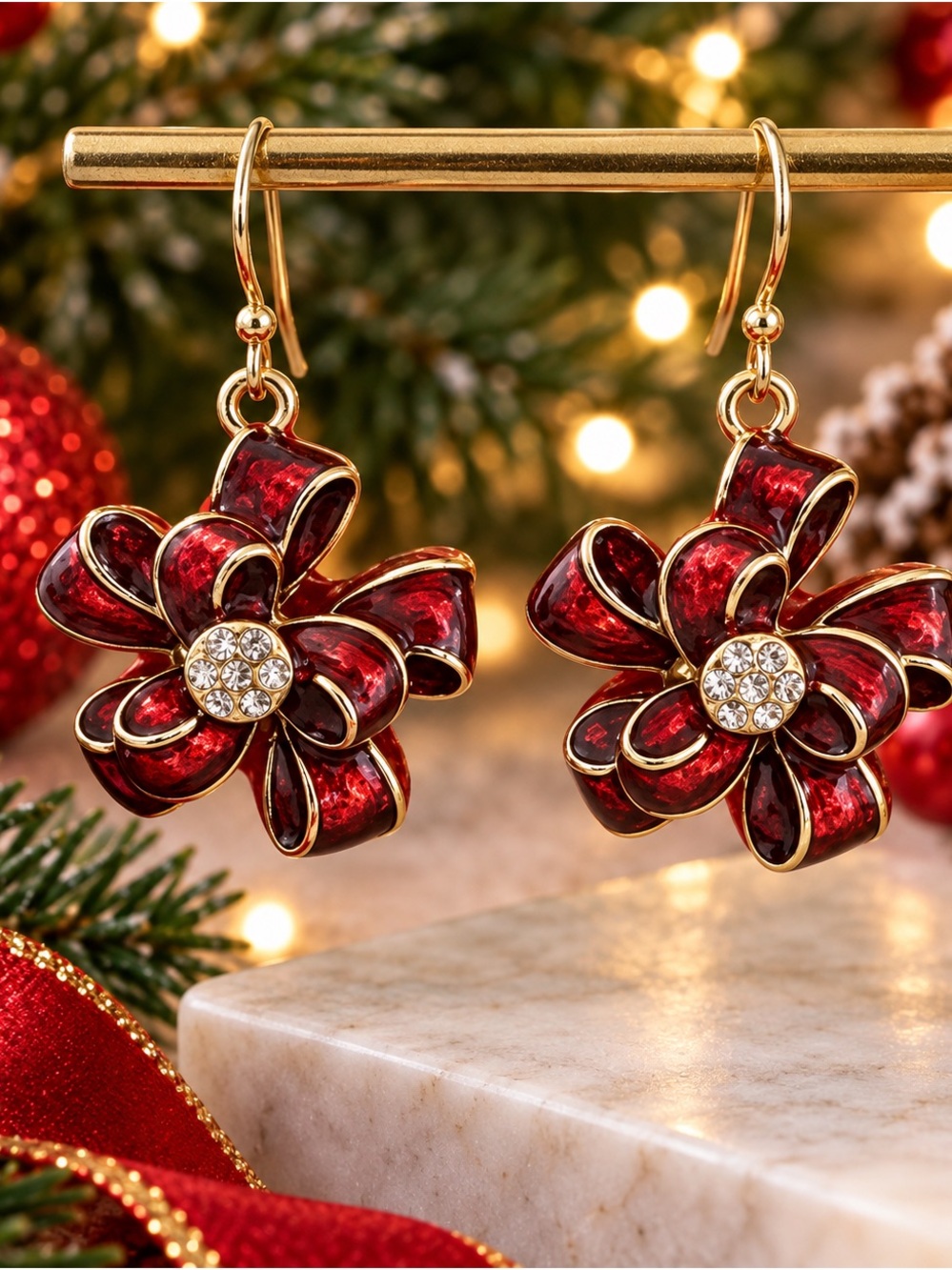 Red BowCrystal Drop Earrings - Gold-Tone Accent